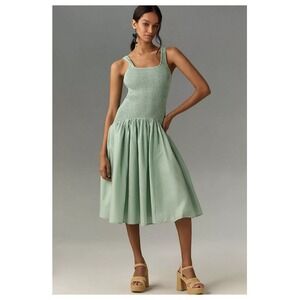 Hutch Anthropologie Green Sleeveless Smocked Drop Waist Midi Dress Women's Small